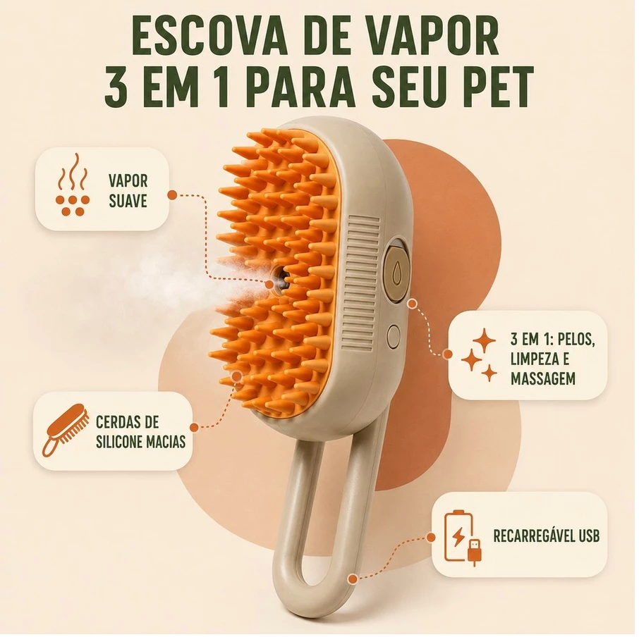 Escova a Vapor 3 em 1 para Cães e Gatos | Autolimpante, Massageadora e Removedora de Pelos